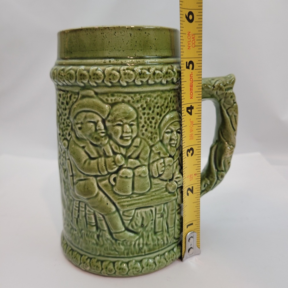 Vintage Beer Stein Green Ceramic Relief Tavern Scene Humorous Quote Mug